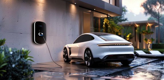 Ein weißes Elektroauto wird an einer wandmontierten Ladestation vor einem modernen Wohnhaus in der Abenddämmerung aufgeladen.